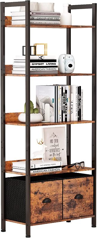 Photo 1 of Furologee 5-Tier Bookshelf, Tall Bookcase with 2 Storage Drawers, Industrial Display Standing Shelf Units, Wood and Metal Storage Shelf for Living Room, Bedroom, Home Office, Rustic Brown**Stock Photo is only for the reference 