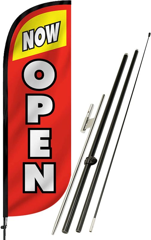 Photo 1 of LookOurWay Open Themed 5-Feet Tall Feather Flag Banner for Business Advertising, Complete Set with Aluminum Fiberglass Pole Set and Ground Spike
