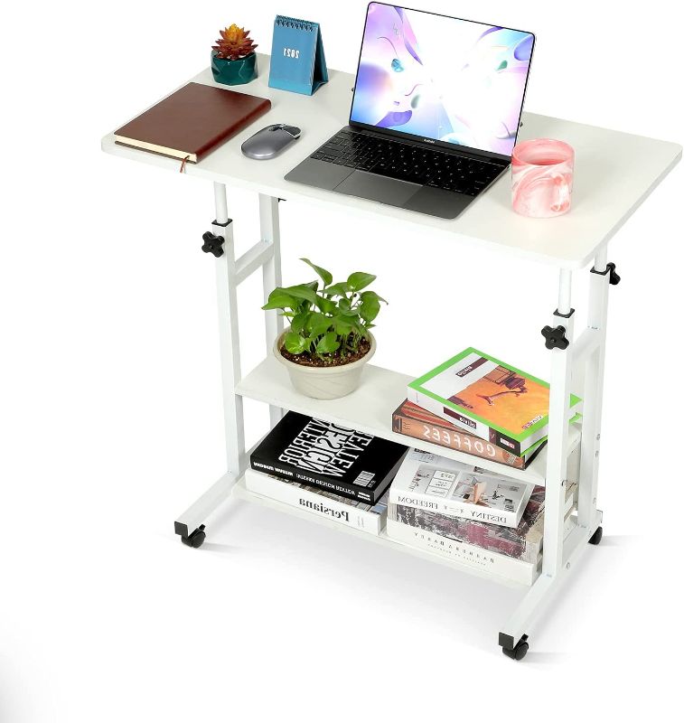 Photo 1 of Home Office Desks Standing Adjustable Height Small Laptop Desk with Storage for Small Spaces Computer Table for Couch Bedrooms Mobile Rolling Portable Student Desk on Wheels Modern Uplift White Desk
