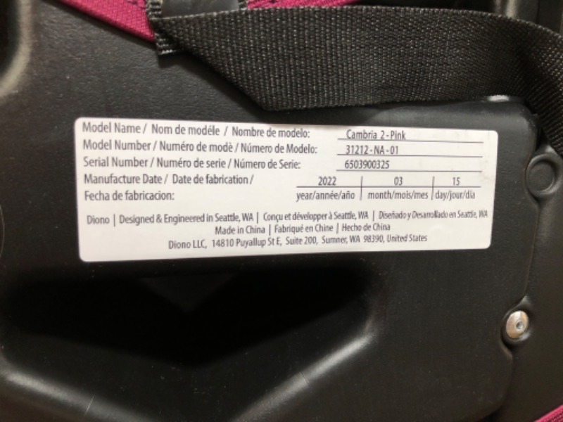 Photo 4 of Diono Cambria 2 XL, Dual Latch Connectors, 2-in-1 Belt Positioning Booster Seat, High-Back to Backless Booster with Space and Room to Grow, 8 Years 1 Booster Seat, Pink
