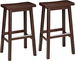 Photo 1 of Amazon Basics Solid Wood Saddle-Seat Kitchen Counter Barstool - Set of 2, 29-Inch Height, Walnut Finish
