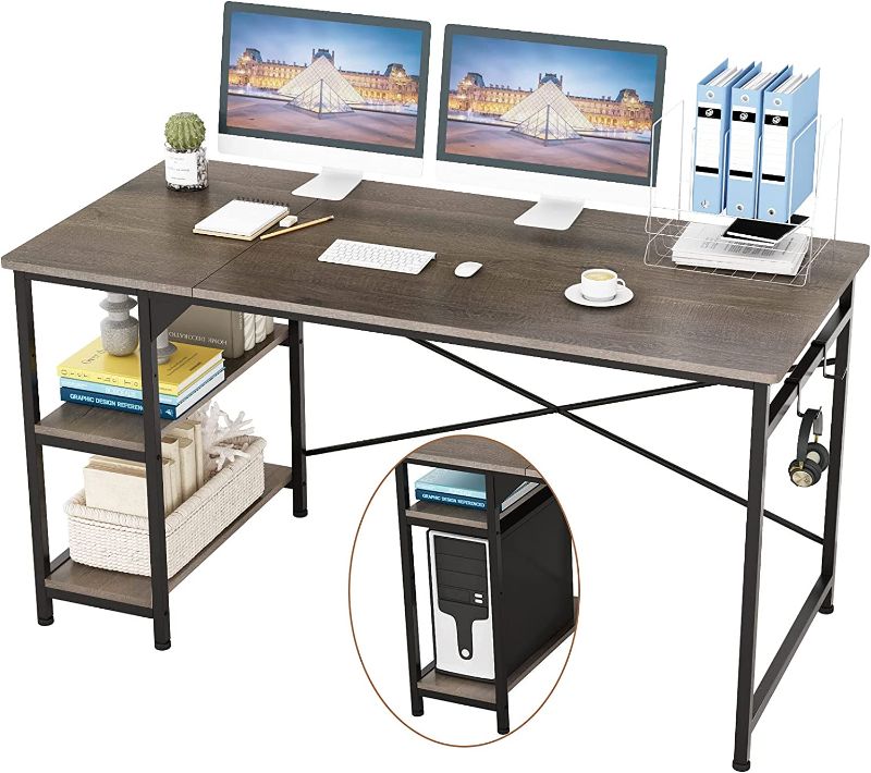 Photo 1 of Engriy Writing Computer Desk 55", Home Office Study Desk with 2 Hooks and Storage Shelves on Left or Right Side, Industrial Simple Workstation Wood Table Metal Frame for PC Laptop, Black Oak
