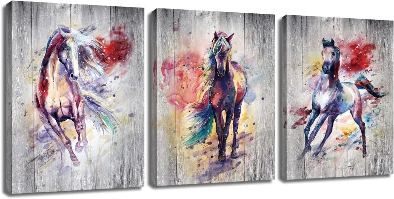 Photo 1 of 3Pcs Watercolor Horse Painting Wall Decor Waterproof Framed Canvas Prints Wall Art for Bedroom Bathroom Dining Room Aesthetics Modern Home Wall Decor Farmhouse Office Decorations Pictures 12 x 16 Inch
