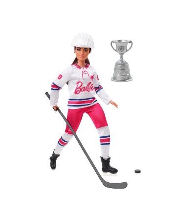 Photo 1 of Barbie Winter Sports Hockey Player Brunette Doll, Curvy Shape (12 in) with Jersey, Helmet, Hockey Stick, Puck & Trophy, 3 & Up
