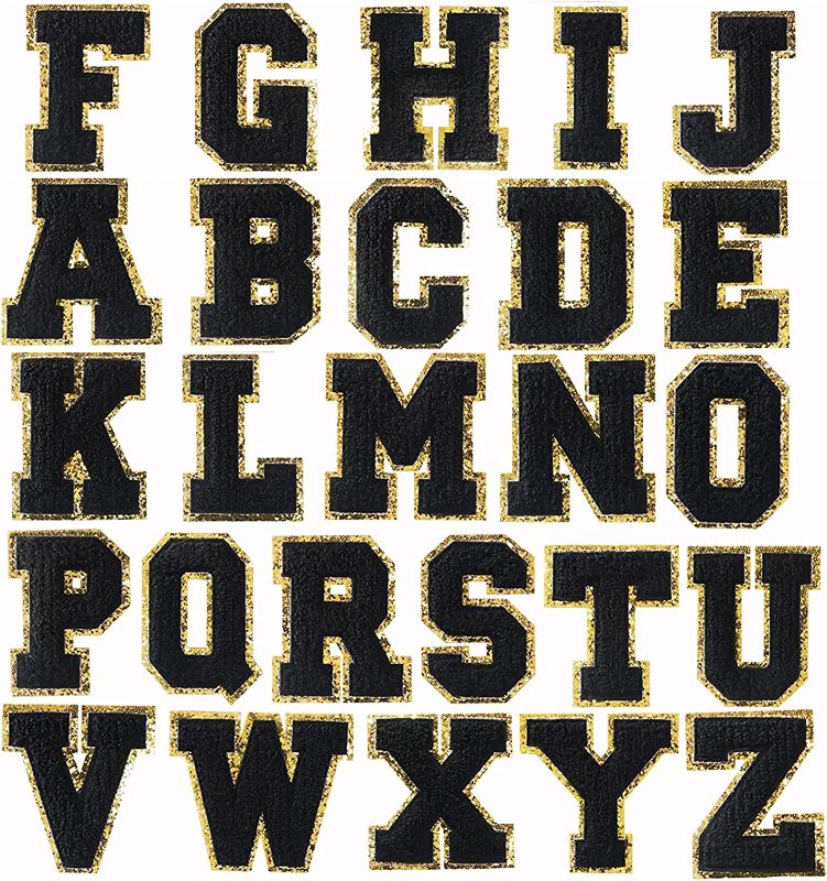 Photo 1 of 2 pack - 26 Pieces Iron on Letter Patches Chenille Varsity Letter A-Z Decorative Repair Patches Gold Trimmed Alphabet Sewing Appliques Badges for Clothing Shoes Hats Bags
