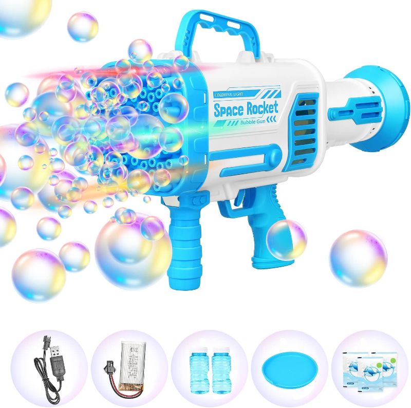 Photo 1 of Bazooka Bubble Gun with Flash Lights|64 Holes Bubble Machine Gun for Kids Adults|Giant Bubble Machine Gun, Summer Outdoor Children's Toys - Best Gifts for 3 5 6 7 Year Old Boys and Girls, Adults - color black
