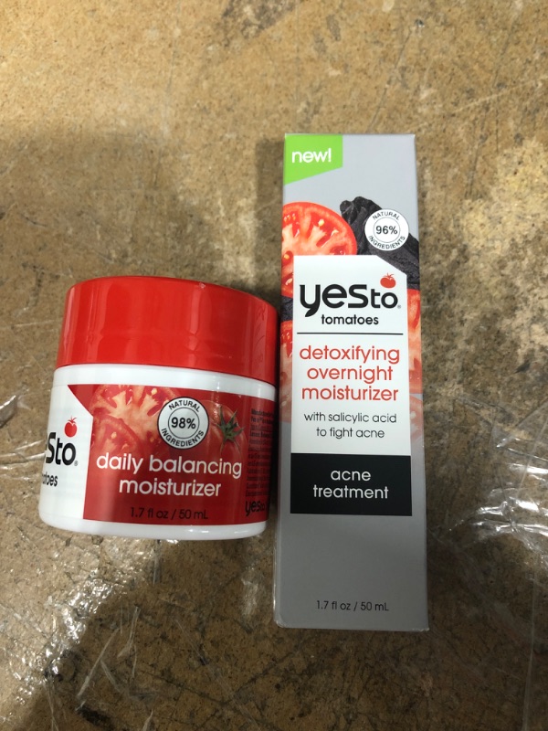 Photo 3 of SET OF YESto MOISTURIZERS
1) Yes To Tomatoes Detoxifying Overnight Moisturizer, Quick-Absorbing Formula That Helps Exfoliate Skin & Prevent New Acne, With Salicylic Acid & Charcoal, Natural, Vegan & Cruelty Free, 1.7 Fl Oz
2)Yes To Tomatoes Daily Balancin