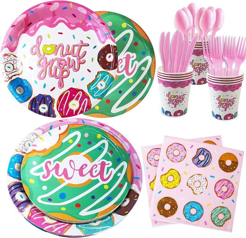 Photo 1 of Cieovo Sweet Donut Print Party Supplies - Serves 16 Guest Includes Party Plates, Spoons, Forks, Knife, Cups and Napkins Party Pack Perfect for Donut Themed Birthday Baby Shower Parties Decorations
