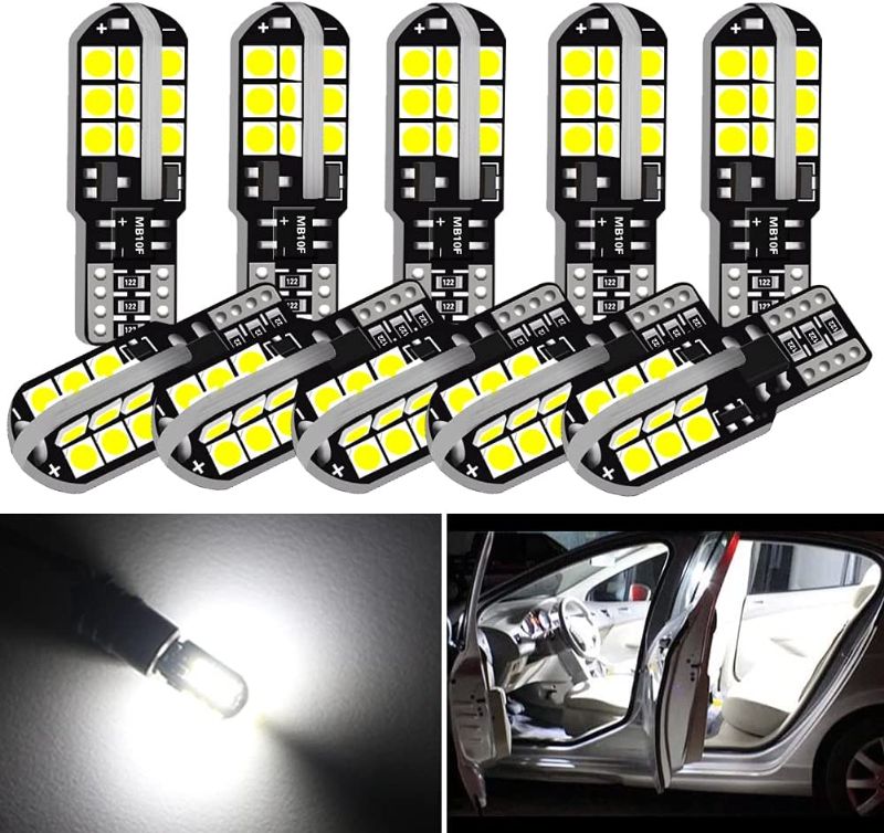 Photo 1 of BUNDLE OF 2 LED SETS
1) DuaBhoi 194 Led Bulb CANBUS 800LM 168 T10 2825 W5W Super Bright 3030 Chipsets Replacement for Car Interior Trunk Dome Map Door Reading License Plate Courtesy Side Marker Lights 10PCS White
2) ANOTHER 10 PACK REPLACEMENT