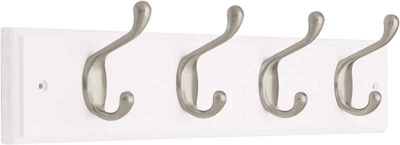 Photo 1 of 18-Inch Hook Rail/Coat Rack with 4 Heavy Duty Coat and Hat Hooks, White and Satin Nickel, Packaging May Vary
