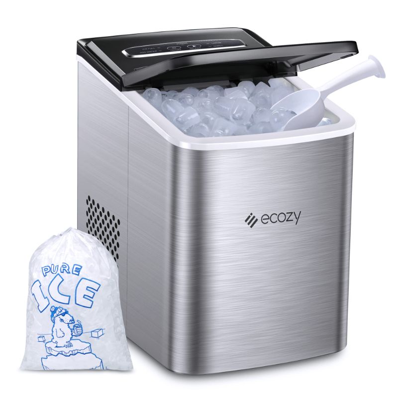 Photo 1 of ***PARTS ONLY NOT FUNCTIONAL***ecozy Portable Ice Maker Countertop, 9 Cubes Ready in 6 Mins, 26.5 lbs in 24 Hours, Self-Cleaning Ice Maker Machine with Ice Bags/Ice Scoop/Ice Basket for Home Kitchen Office Bar Party, Silver