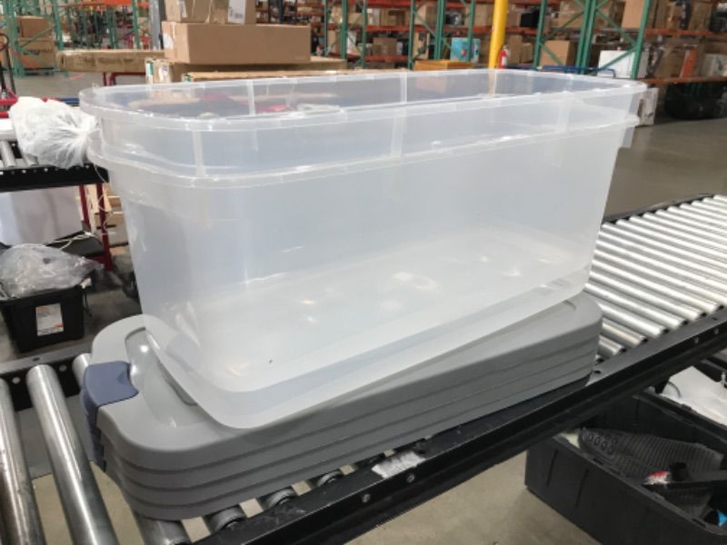 Photo 2 of ***ONLY 2 CONTAINERS*** 
Rubbermaid Roughneck Clear 95 Qt/23.75 Gal Storage Containers, Latching Grey Lids, Visible Base, Sturdy and Stackable, Great for Storage and Organization
