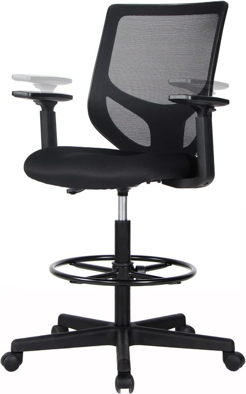 Photo 1 of SMUG Tall Armrests, Counter Height Standing Desk, Mid Back Mesh Office Drafting Chairs with Adjustable Foot Ring, Black
