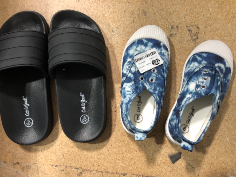 Photo 2 of 2 PAIRS OF CHILDREN'S SHOES) Kids' Nikko Slip-On Slide Sandals - Cat & Jack SIZE SMALL (13/1) + Toddler Rory Slip-On Sneakers - Cat & Jack SIZE 9