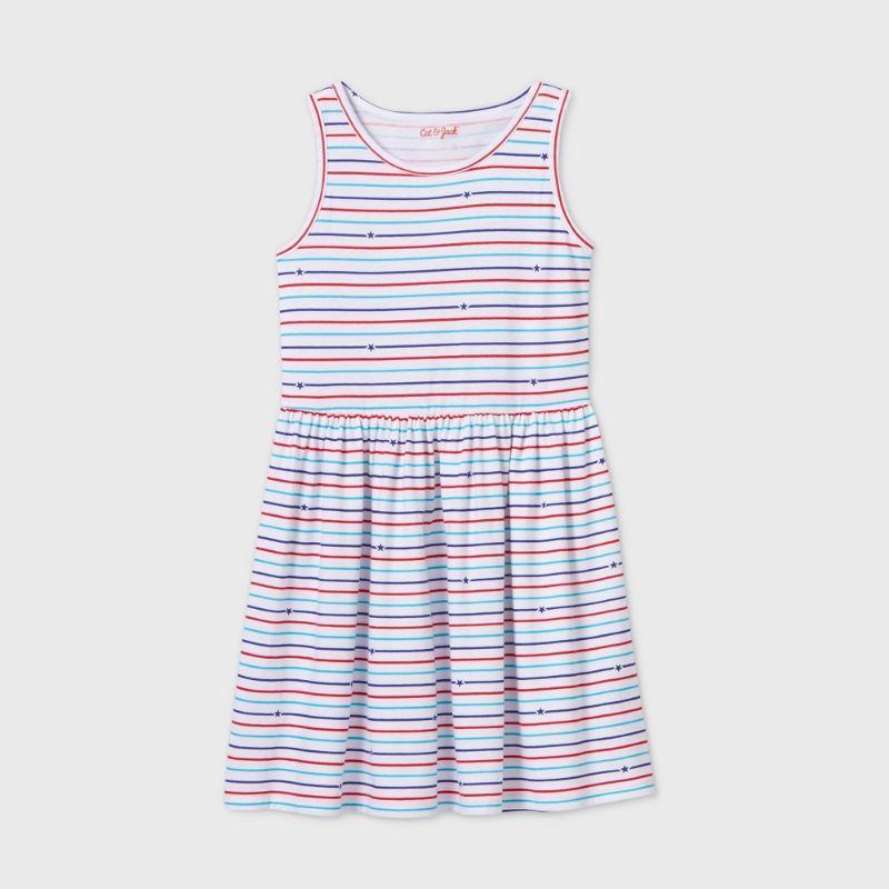 Photo 1 of 2 ITEM BUNDLE GIRLS CLOTHING)))) Girls' Americana Stripe Knit Dress - Cat & Jack White SIZE XS +Toddler Girls' Pull-on Jean Shorts - Cat & Jack™ SIZE 4T