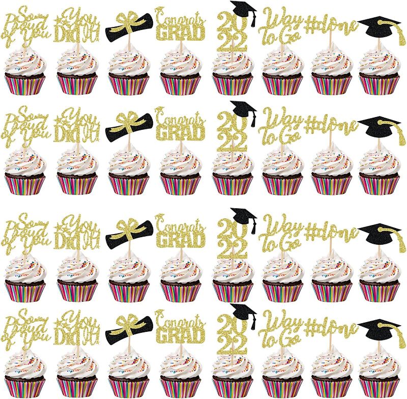 Photo 1 of (3 ITEM BUNDLE) 2 PACKS OF 32Pcs Graduation Cupcake Toppers 2022 Black and Gold, Class of 2022 Centerpiece Gold, Class of 2022 Cupcake Picks for Graduation Party Decorations 2022 Black and Gold + Class of 2022 Green Glitter Graduation Cupcake Topper, Food