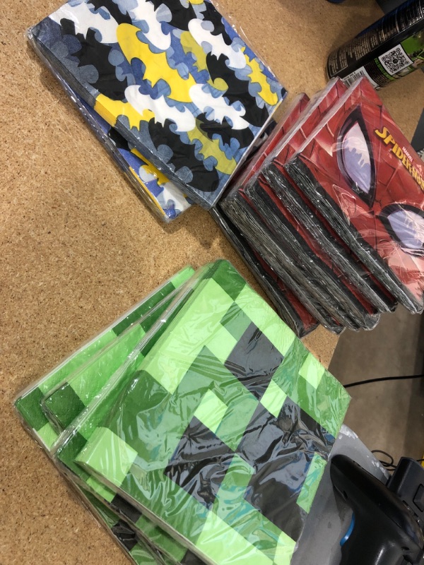 Photo 1 of (6 pack) Spider-Man 16ct Party Paper Napkins + (4 pack) Minecraft 16ct Party Paper Napkins + (2 pack) Batman 16ct Lunch Napkins


