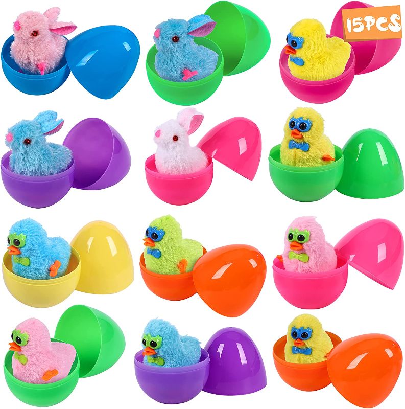 Photo 1 of Qevda 15PCS Easter Eggs Basket Stuffers Fillers - Filled with Wind-Up Toys Chicks and Bunnies for Kids Toddlers Gifts Hunt Game Party Favors Supplies (Not Prefilled)
