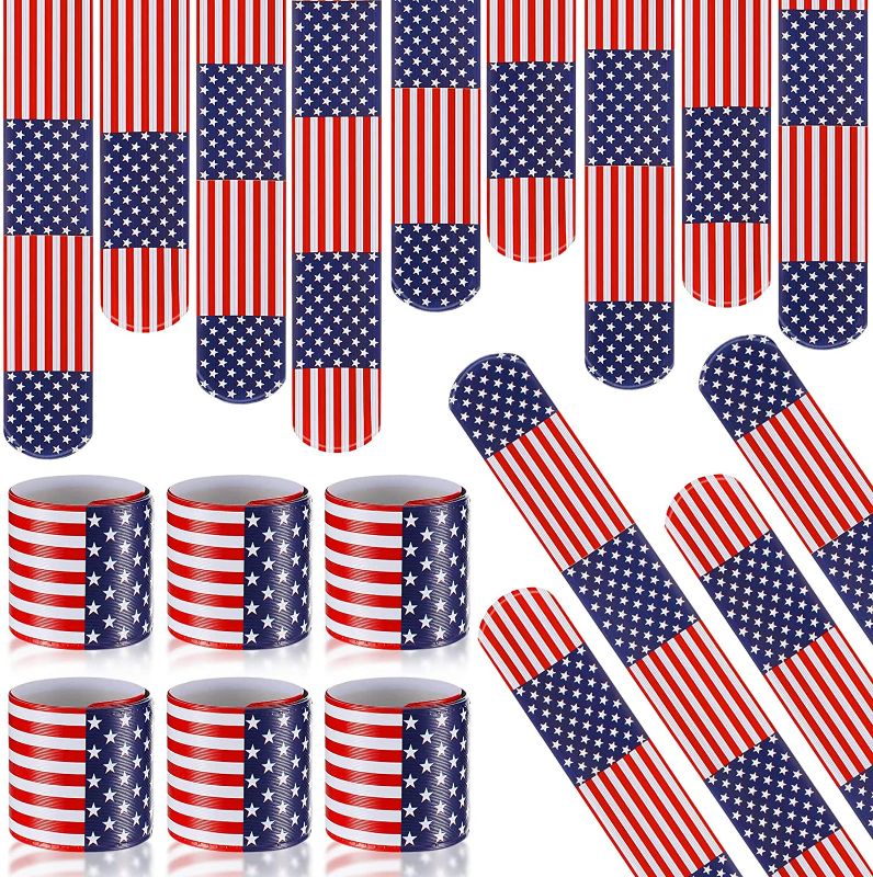 Photo 1 of 48 Pcs Patriotic Slap Bracelets American Flag Slap Bracelets Stars and Stripes Slap Wrist Bands 4th of July Bracelets for Independence Day Party Favor
