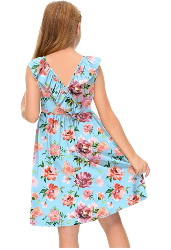 Photo 2 of BesserBay Girl's Elastic Waist Ruffle Sleeveless Summer Midi Backless Dress 7-8 Years