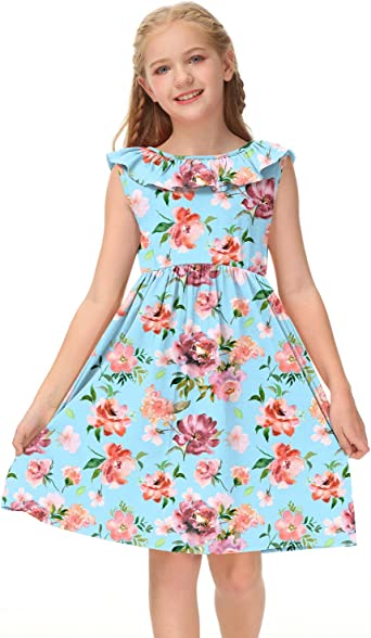 Photo 1 of BesserBay Girl's Elastic Waist Ruffle Sleeveless Summer Midi Backless Dress, Blue Floral, 9-10 years 