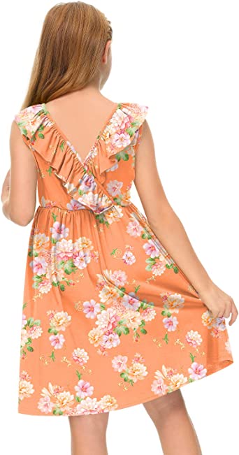 Photo 2 of BesserBay Girl's Elastic Waist Ruffle Sleeveless Summer Midi Backless Dress 7-8 Years, Orange Floral