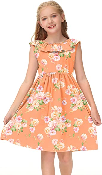 Photo 1 of BesserBay Girl's Elastic Waist Ruffle Sleeveless Summer Midi Backless Dress 7-8 Years, Orange Floral