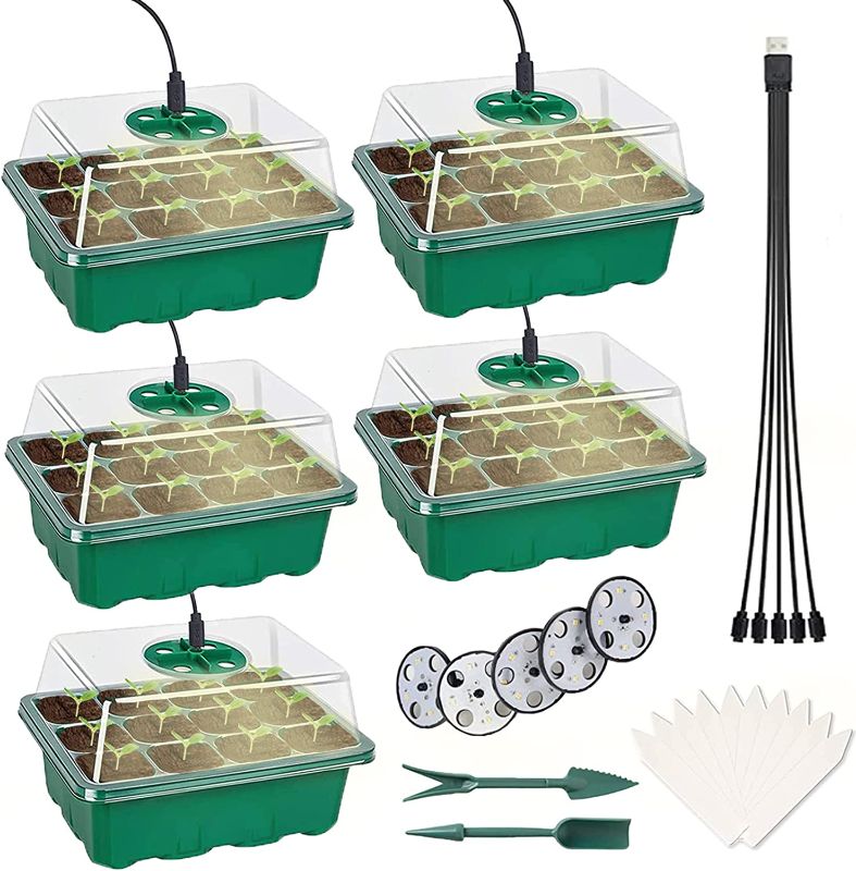 Photo 1 of 5 Pack Seed Starter Tray with Grow Light, Plant Germination Tray,Seed Starter Trays with Humidity Domes,Reusable Starter kit for Plant Seed Germination and Growth.with Grow Tools.60 Cells Total—Green
