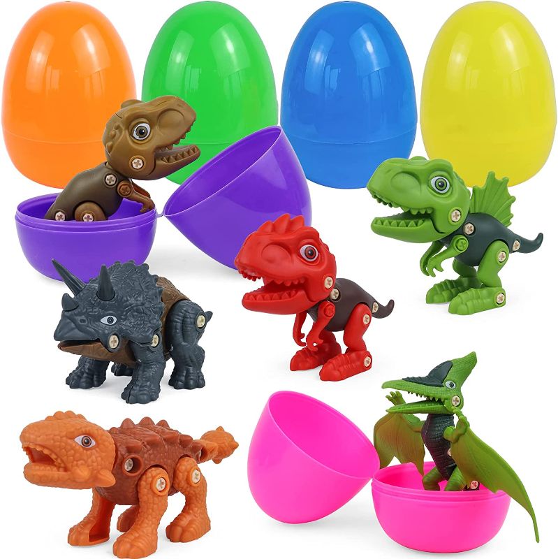 Photo 1 of ALLCOLOR 6pcs Toys Filled Easter Eggs with Take Apart Dinosaurs inside for Kids 3 4 5 6 7 Colorful Plastic Surprise Eggs for Hunt Holiday Party Games
