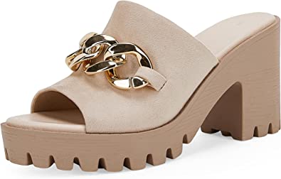 Photo 1 of GayGate Women’s Platform Sandals Chunky Block Heeled Open Toe Lug Sole Slingback Faux Suede Slides Shoes Size 6 Beige 
