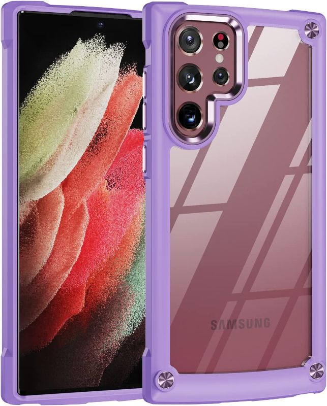 Photo 1 of LEKEVO for Samsung Galaxy S22 Ultra Case, Clear Hard Back Soft Rubber Bumper with Metallic Camera Ring & Buttons Shockproof Phone Case (Lavender Purple)
