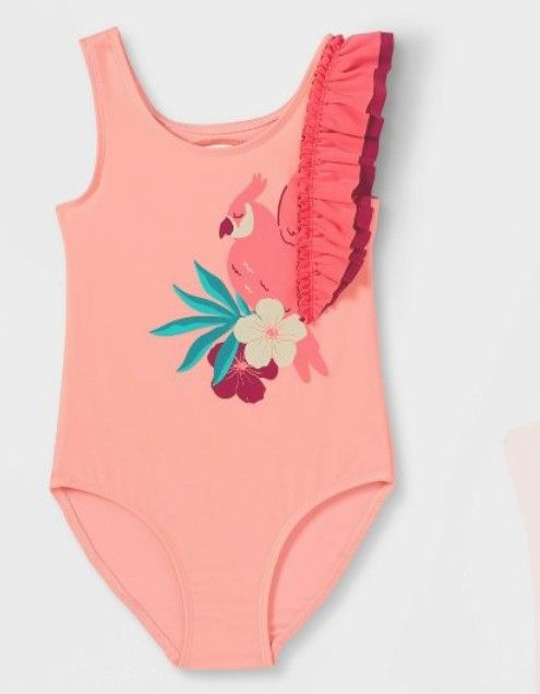 Photo 1 of (18 M) Toddler Girls' Tropical Bird Print Ruffle Sleeve One Piece Swimsuit - Cat & Jack™ Pink + Stress ball Squeeze Squishy 