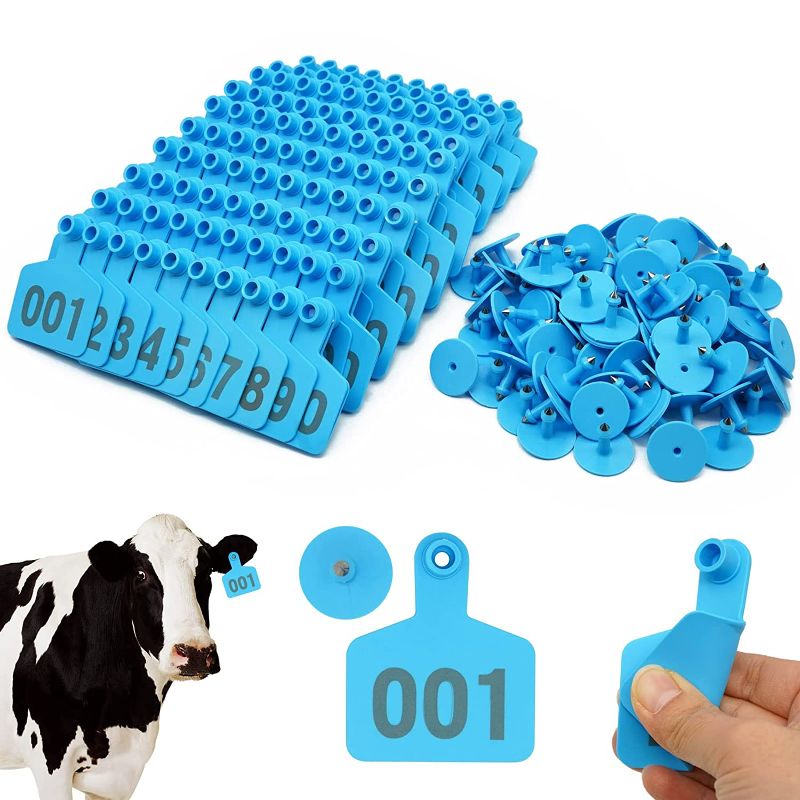 Photo 1 of 001-200 Livestock Ear Tag Cattle Pig Ear Tag Plastic Ear Tags Livestock Identification for Earring for Calves Sheep Cattle Cows Pigs (Blue)