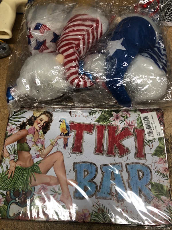 Photo 1 of 6pcs PATRIOTIC Plush Gnomes Decorations.
AND 
TIKI BAR RETRO VINTAGE SIGN WITH PIN UP GIRL
