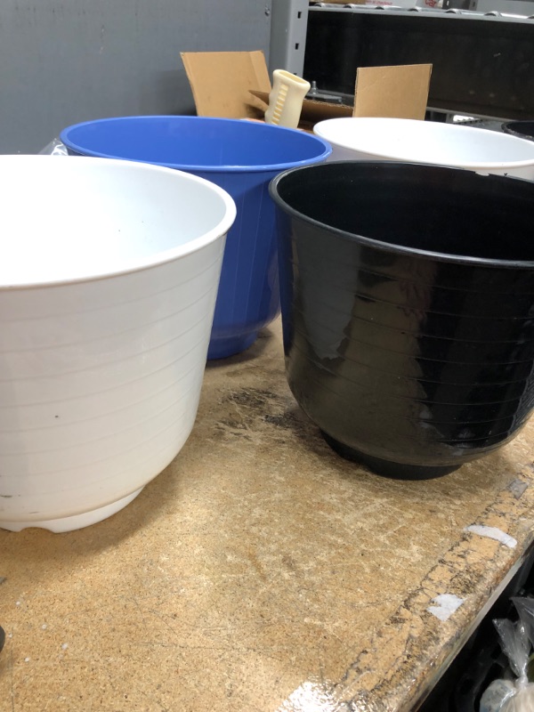 Photo 2 of 5 item bundle 
black white and blue plastic pot for plants 10"