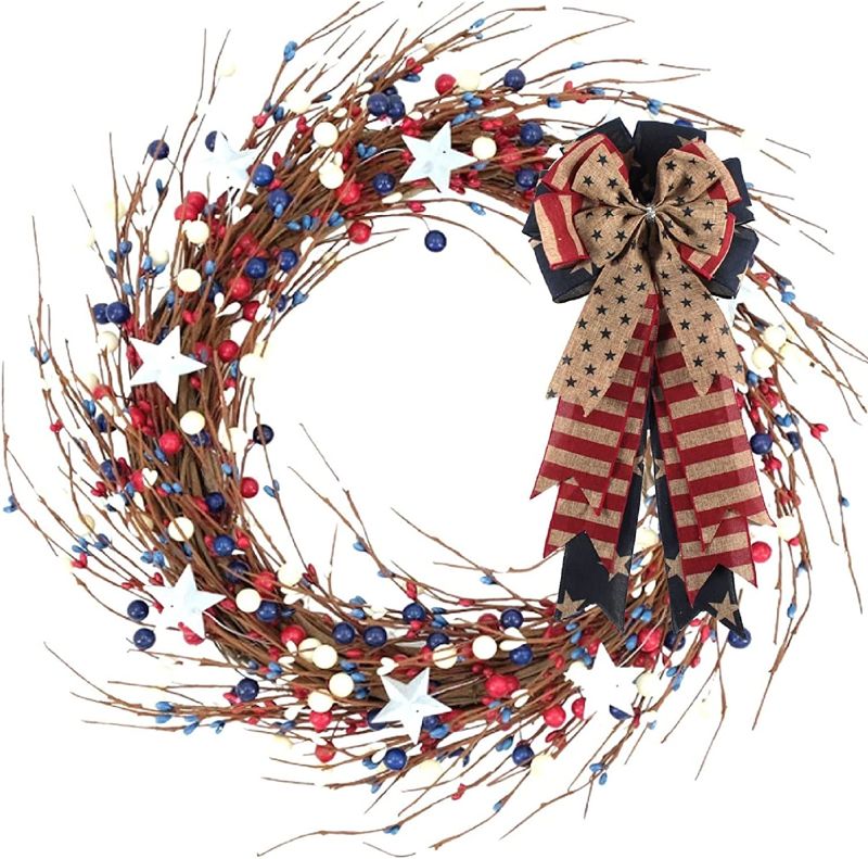 Photo 1 of 2Pcs Patriotic Wreath Bow, Stars and Stripes Burlap Bows,4th of July Memorial Day Wreath Bow for Indoor Outdoor Independence Day Veteran's Day President's Day (Red Stripe)
