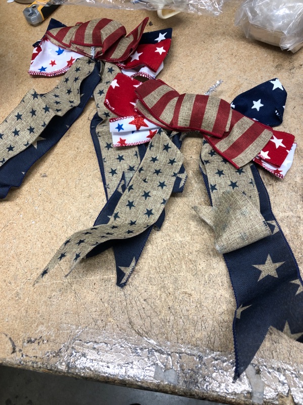 Photo 2 of 2Pcs Patriotic Wreath Bow, Stars and Stripes Burlap Bows,4th of July Memorial Day Wreath Bow for Indoor Outdoor Independence Day Veteran's Day President's Day (Red Stripe)
