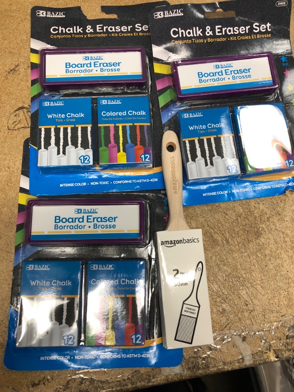 Photo 2 of PAINT BRUSH AND 
3 SETS 
BAZIC Colored (12 Pcs) + White (12 Pcs) Chalk + Premium Chalkboard Eraser Bundle