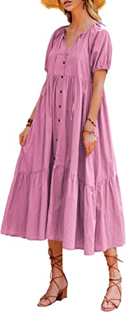 Photo 1 of Amkoyam Women's Summer Casual Puff Short Sleeve Tie Neck Ruffle Loose Maxi Dress High Waist Plain Button Down Long Dress
SMALL