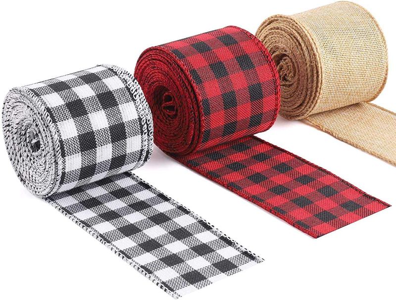 Photo 1 of 2 Pack KSPOWWIN 3 Rolls Christmas Wired Edge Ribbons, Black Red Plaid Ribbon, Black White Buffalo Plaid Ribbon and Burlap Craft Ribbon for Christmas Tree Decoration Floral Bows Craft, 24 Yards x 2.4 Inches
