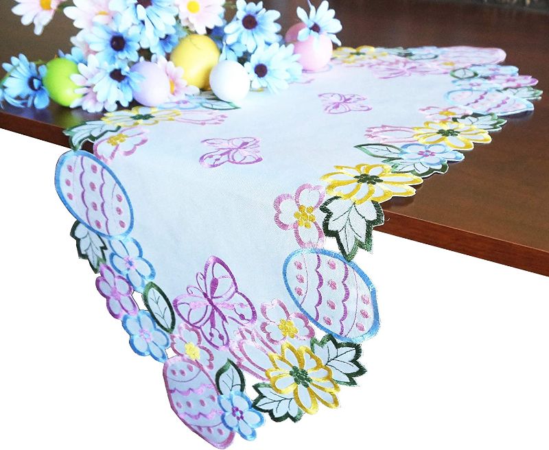 Photo 1 of 2 Pack GRANDDECO Easter Eggs Flowery Table Runner,Floral Cutwork Embroidered Eggs/Butterfly Dresser Scarf for Home Kitchen Dining Spring Holiday Tabletop Decoration (Runner 13"×36", Easter Eggs)
