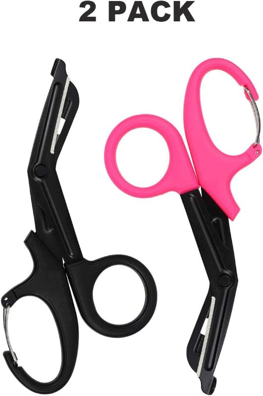 Photo 1 of 2 Pack Medical Scissors with Carabiner, EMT and Trauma Shears Bandage Scissors - 7.5" Fluoride-Coated with Non-Stick Blades pink and black 
