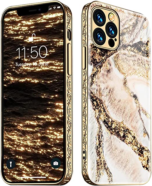 Photo 1 of 13peas for iPhone 12/12 Pro Case?Luxury Apple Marble Case with Glossy Glitter Vacuum Plating Glass?Electroplating Gold Side Hybrid Protection Fashion Cover...
