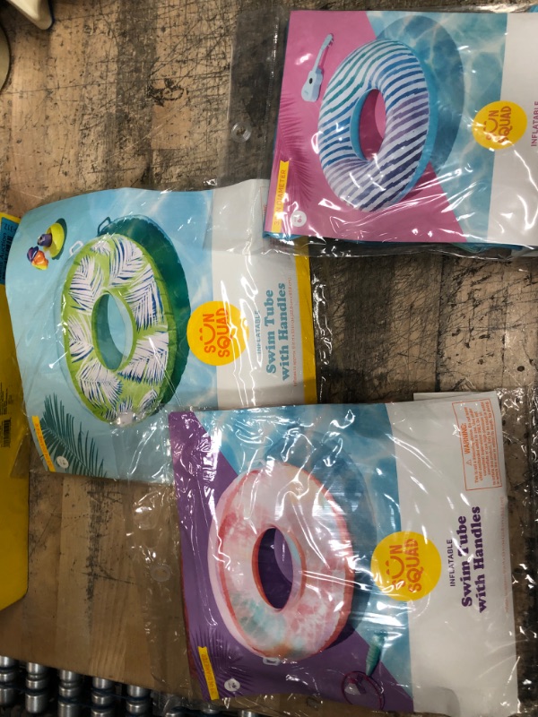 Photo 1 of Bundle of 3 swion tubes- Blue Striped Ring Tube - Sun Squad, 33" Tube with Handles - Sun Squad, 33" Swim Tube Tropical with Handles - Sun Squad