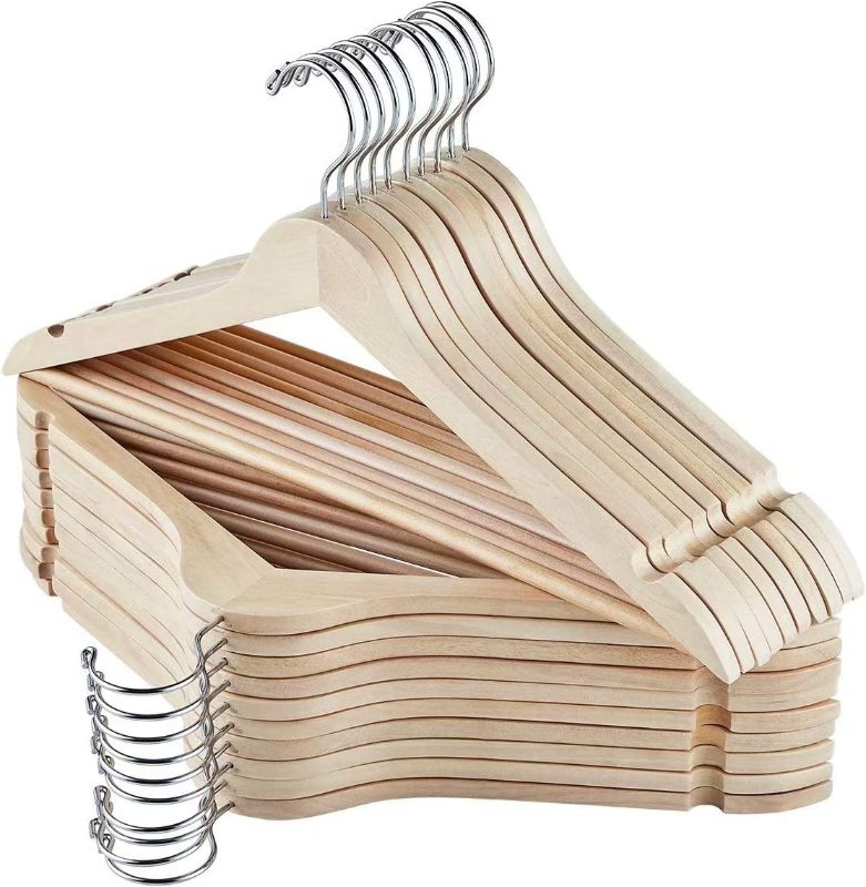 Photo 1 of  Solid Wooden Hangers 20 Pack, Wood Coat Hangers with Extra Smooth Finish, Precisely Cut Notches and Chrome Swivel Hook, Wooden Clothes Hangers...
