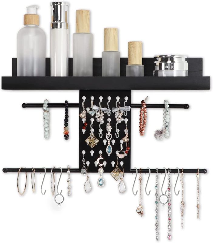 Photo 1 of Ditwis Hanging Wall Mounted Jewelry Organizer with Black Wood Jewelry Shelf and 16 Removable Hooks Display for Necklaces Earrings Bracelets
