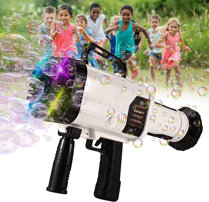 Photo 1 of Bazooka Bubble Gun Rocket Bubble Boom Maker Machine with 64 Holes 2022 Outdoor Electric Kids Summer Toys Gift for Age 3 4 5 6 +, Birthday Party Wedding Bubble Blaster with Color LED Light Black
