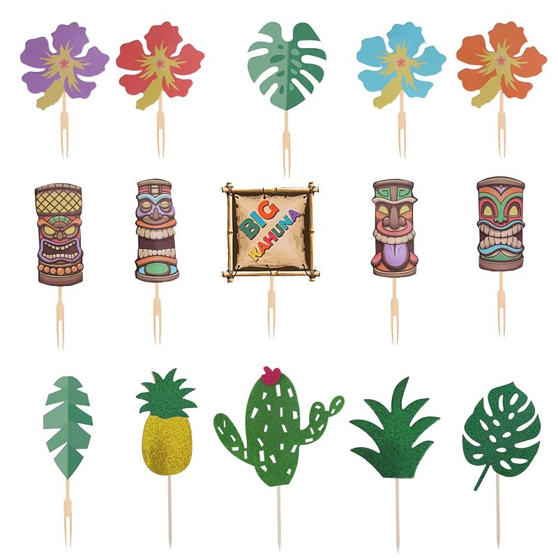 Photo 1 of ***17 Pack***  Nevperish 31 Pieces/ each bag Tropical Hawaiian Cupcake Toppers Glittery Hawaii Cake Topper Cactus Pineapple Hibiscus Flowers Tropical Palm Leaves Cupcake Picks for Hawaii Luau Summer Party Baby Shower Supplies Decoration
