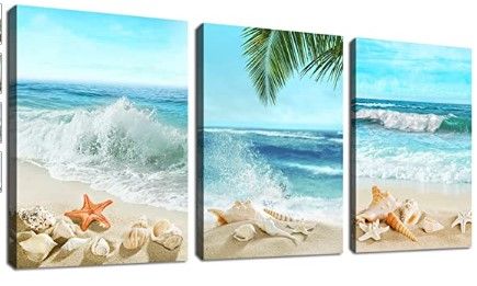 Photo 1 of Beach Canvas Wall Art Blue Sea Tropical Beach Landscape Canvas Pictures for Wall Decor Seashell Seastar Conch on Sands Canvas Prints Artwork for Bathroom Living Room Wall Decor 12" X 16" X 3 Pieces