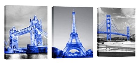 Photo 1 of 3Pcs Urban Landscape Framed Wall Art Eiffel Tower Golden Gate Bridge Pictures Painting 12 x 16 Inch